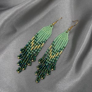 Green Fringe Earrings | Lightweight Beaded Dangle Earrings | Green and Gold Seed Bead Statement Earrings