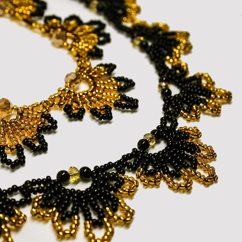 Black and gold necklace Beaded jewelry set Seed bead necklace Beadwoven earrings necklace Beadwork Jewelry gift for women image 9