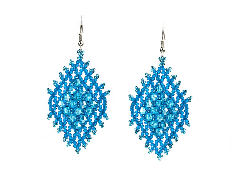 Blue crystal earrings Diamond shape earrings Seed bead earrings Rhombus earrings Geometric earrings Beaded dangle earrings Beadwork