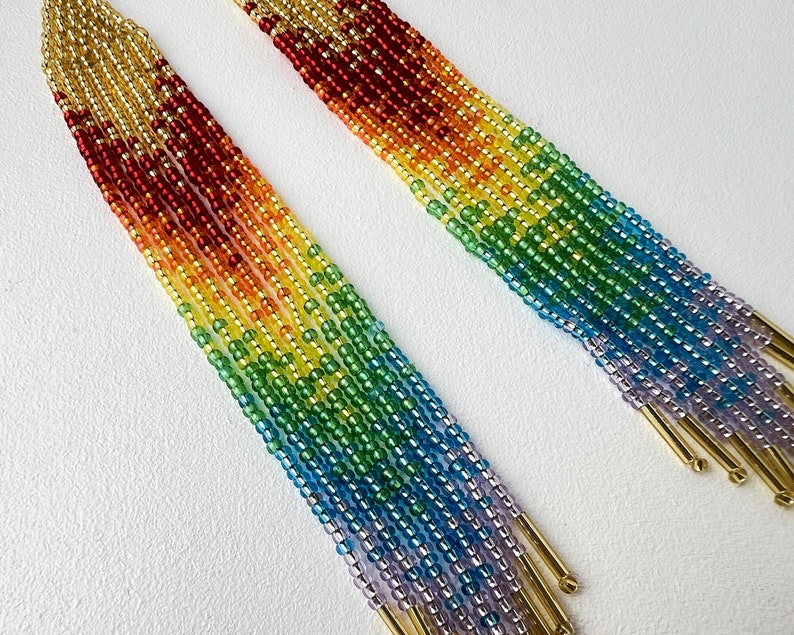 Rainbow earrings Long beaded fringe earrings in Boho style Seed bead earrings Dangling earrings Festival earrings Bohemian earrings image 7