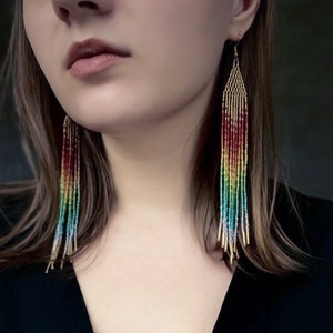 Rainbow earrings Long beaded fringe earrings in Boho style Seed bead earrings Dangling earrings Festival earrings Bohemian earrings image 1