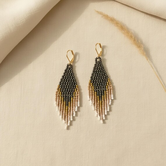 Festival Boho Brown Fringe Earrings Golden Brown Beaded Fringe Earrings: Boho Tassel Jewelry  main image 4