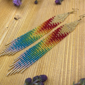 Rainbow earrings Long beaded fringe earrings in Boho style Seed bead earrings Dangling earrings Festival earrings Bohemian earrings image 5