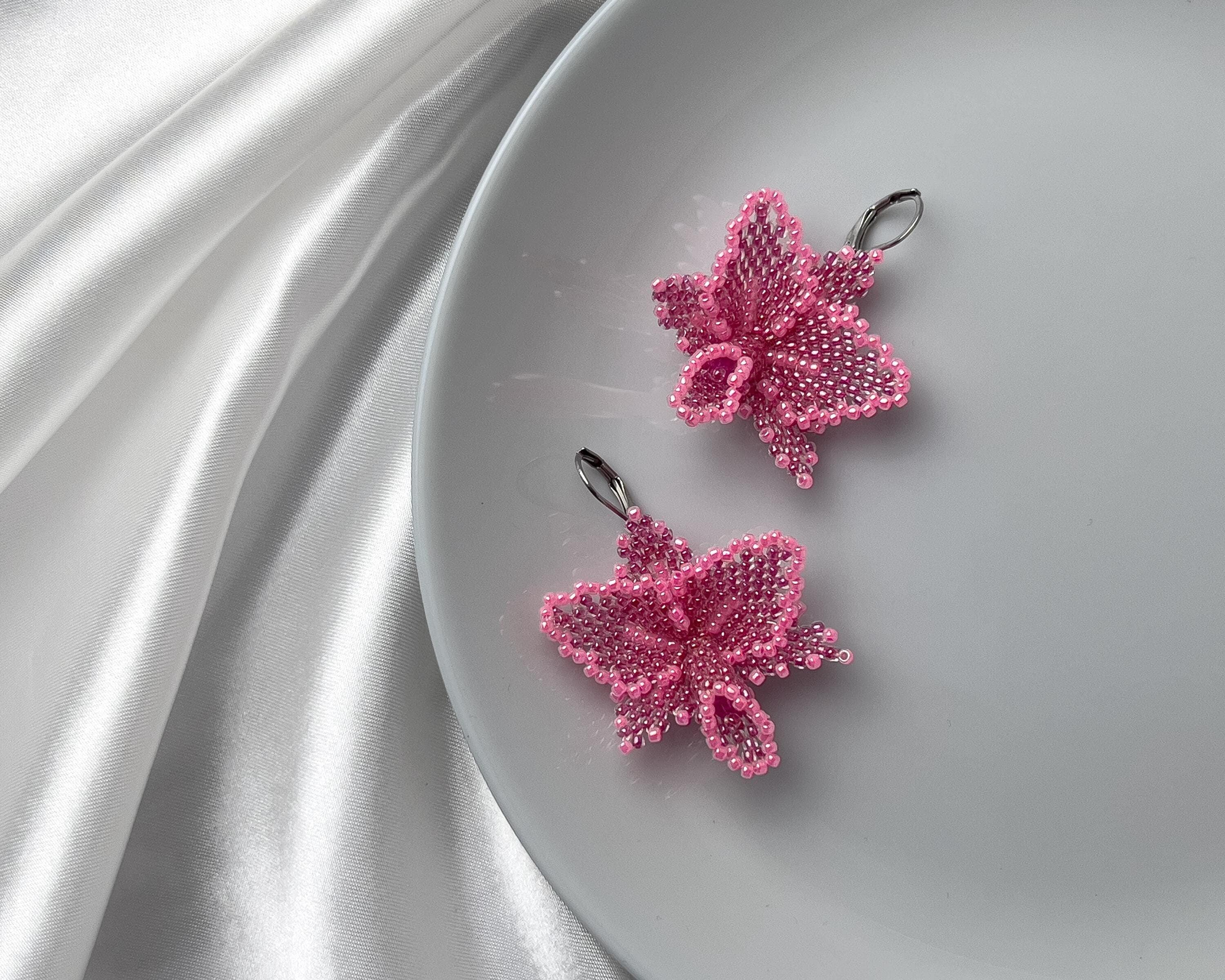 Orchid Earrings | Fuchsia Pink Beaded Stud Flower Earrings