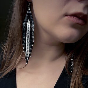 Black & White Seed Bead Fringe Earrings: Handmade Statement Jewelry