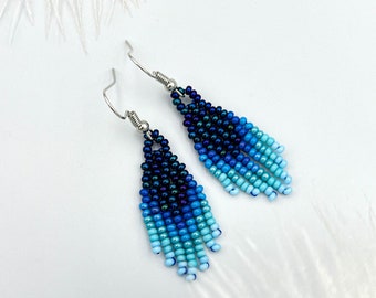 Blue dangle earrings Beaded fringe earrings Everyday earrings Seed bead jewelry Navy blue earrings Small earrings Minimalist earrings