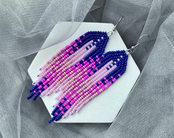 Navy Blue Seed Beaded Fringe Earrings with Pink and Fuchsia Gradient