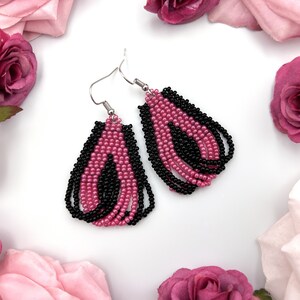 Fuchsia Black Beaded Dangle Earrings - Statement Earrings - Seed Bead Folded Jewelry -  Gift for Women