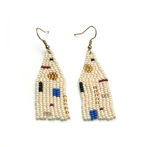 Abstract earrings Mismatched earrings Ivory earrings Geometric seed bead earrings Beaded fringe earrings Modern earrings