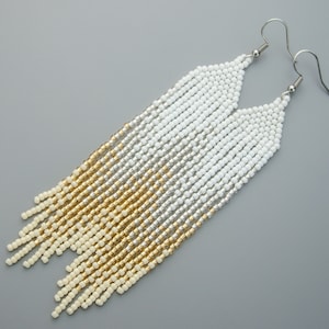 White and Gold Seed Bead Fringe Earrings: Handmade Ombre Dangle Earrings