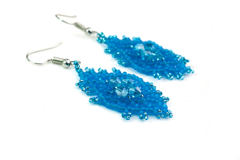 Blue crystal earrings Diamond shape earrings Seed bead earrings Rhombus earrings Geometric earrings Beaded dangle earrings Beadwork