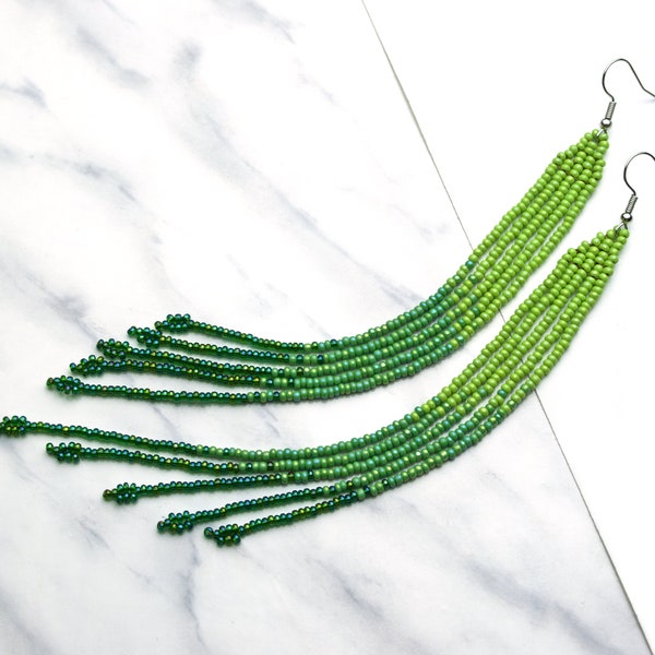 Beaded earrings Exra long earrings Green seed bead earrings Beadwork fringe earrings Shoulder duster earrings Very long dangle earrings