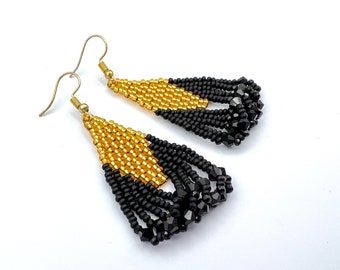 Gold black earrings Beaded dangle earrings Seed bead earrings Beadwork earrings Handmade jewelry Statement earrings Gift for women