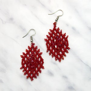 Blue crystal earrings Diamond shape earrings Seed bead earrings Rhombus earrings Geometric earrings Beaded dangle earrings Beadwork