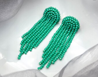 Crystal earrings Beaded fringe earrings  Viridian green earrings Stud earrings Bridal earrings Post earring Statement earring Gift for women