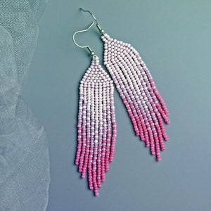 Pink ombre beaded earrings Hot pink earrings Seed bead fringe earrings 4 inch long earrings Boho dangle earrings Handmade jewelry for women
