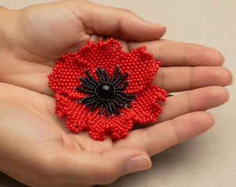 Broche de amapola roja con cuentas: broche floral hecho a mano con cuentas de semillas, regalo para el Día del Recuerdo, joyería conmemorativa.