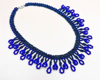 Dark blue necklace Seed bead jewelry Handmade statement necklace Navy blue crystal necklace Beaded necklace 50th birthday gift for women