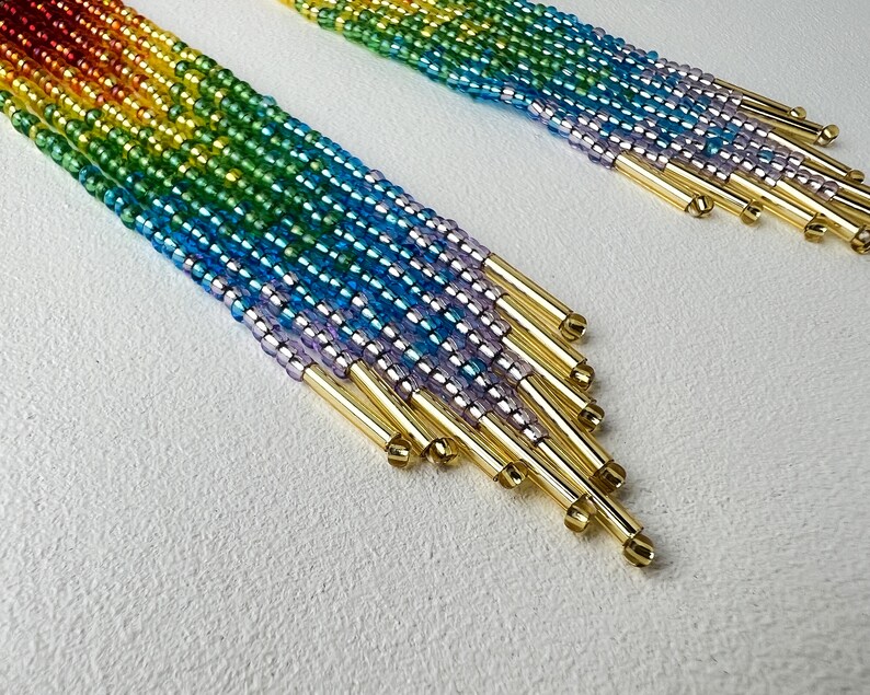 Rainbow earrings Long beaded fringe earrings in Boho style Seed bead earrings Dangling earrings Festival earrings Bohemian earrings image 8