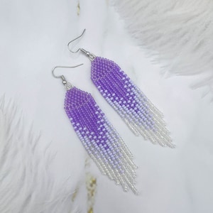 Lavender Purple Beaded Fringe Earrings: Handmade Boho Dangle