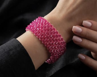 Fuchsia Crystal Beaded Bracelet: Pink Statement Cuff, Handmade Seed Bead Jewelry