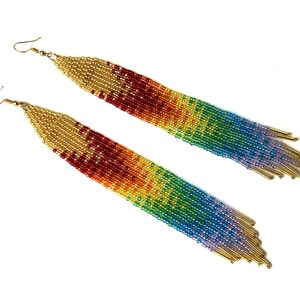 Rainbow earrings Long beaded fringe earrings in Boho style Seed bead earrings Dangling earrings Festival earrings Bohemian earrings image 2