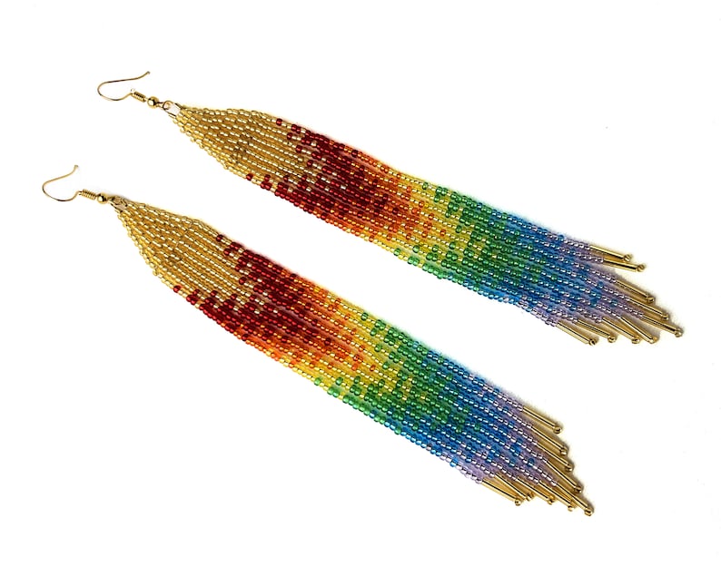 Rainbow earrings Long beaded fringe earrings in Boho style Seed bead earrings Dangling earrings Festival earrings Bohemian earrings image 2