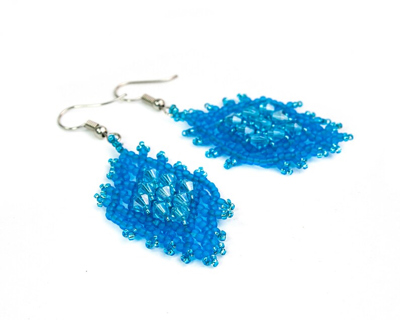 Blue crystal earrings Diamond shape earrings Seed bead earrings Rhombus earrings Geometric earrings Beaded dangle earrings Beadwork