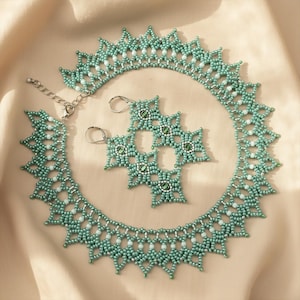 Collar y pendientes de cuentas verde claro: joyería victoriana, elegante conjunto de cuentas de semillas para mujer