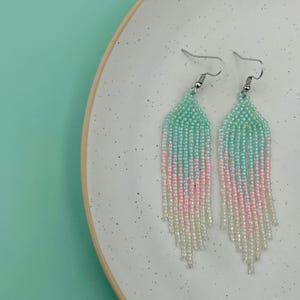Pink Aqua Ombre Beaded Fringe Earrings: Boho Statement Dangle