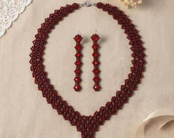 Red Garnet Beaded Necklace and Earrings Set: Handmade Seed bead Jewelry