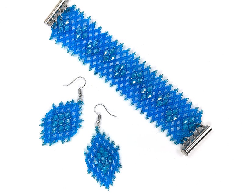 Blue crystal earrings Diamond shape earrings Seed bead earrings Rhombus earrings Geometric earrings Beaded dangle earrings Beadwork