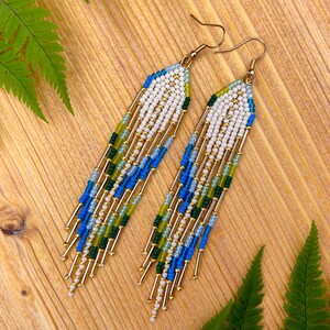Beaded Fringe Earrings: Blue Green Ombre, Boho Dangle Earrings