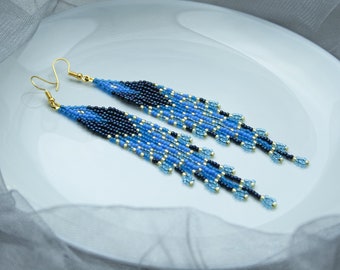 Blue earrings Boho fringe earrings Long beaded earrings Seed bead earrings Statement earrings Aesthetic earrings Summer earrings For women