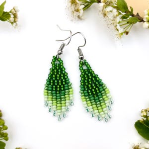 Small Green Fringe Earrings | Short Boho Beaded Dangle Earrings | Seed Bead Jewelry | Handmade Everyday Earrings for Women