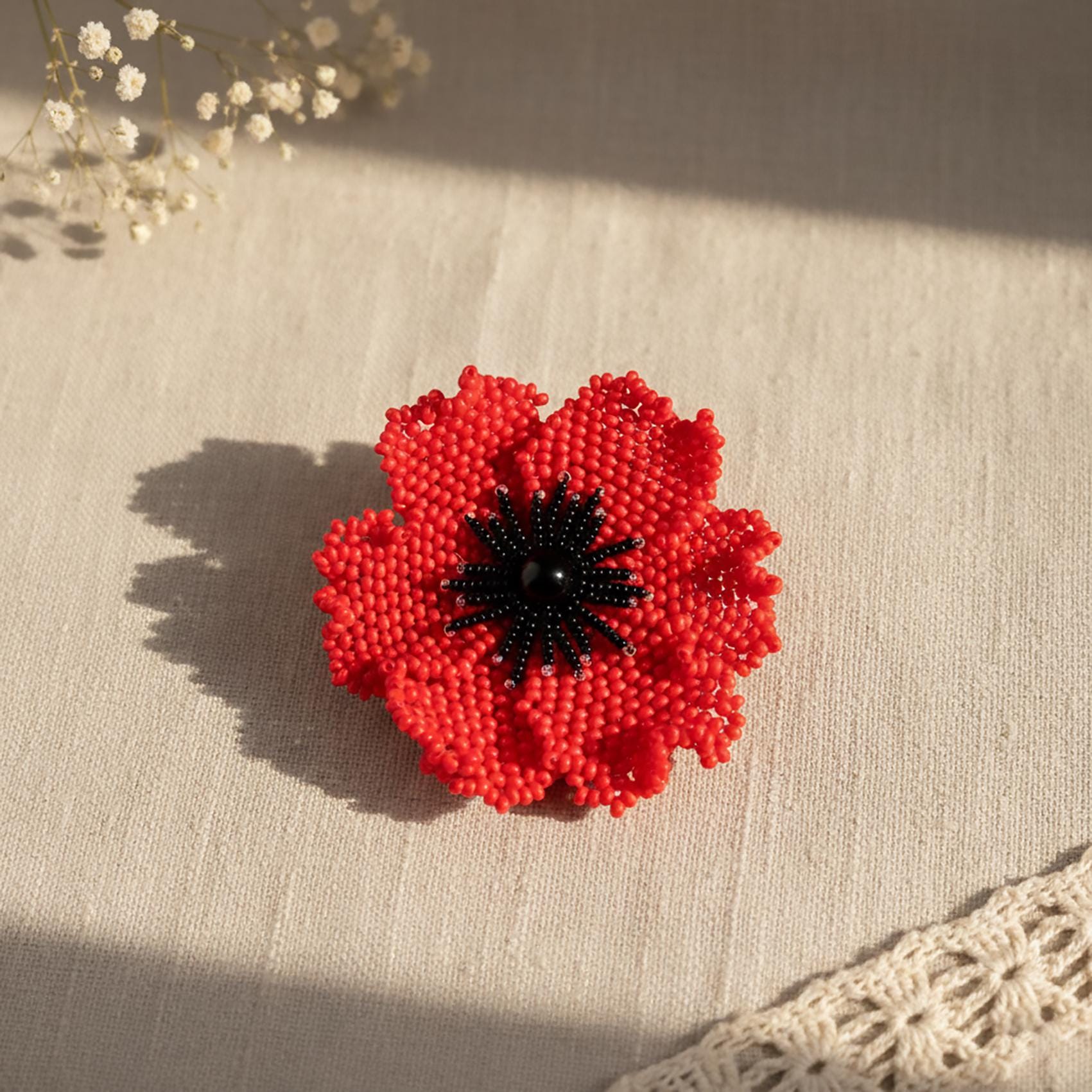 Red Poppy Beaded Brooch: Handmade Floral Seed Bead Pin 