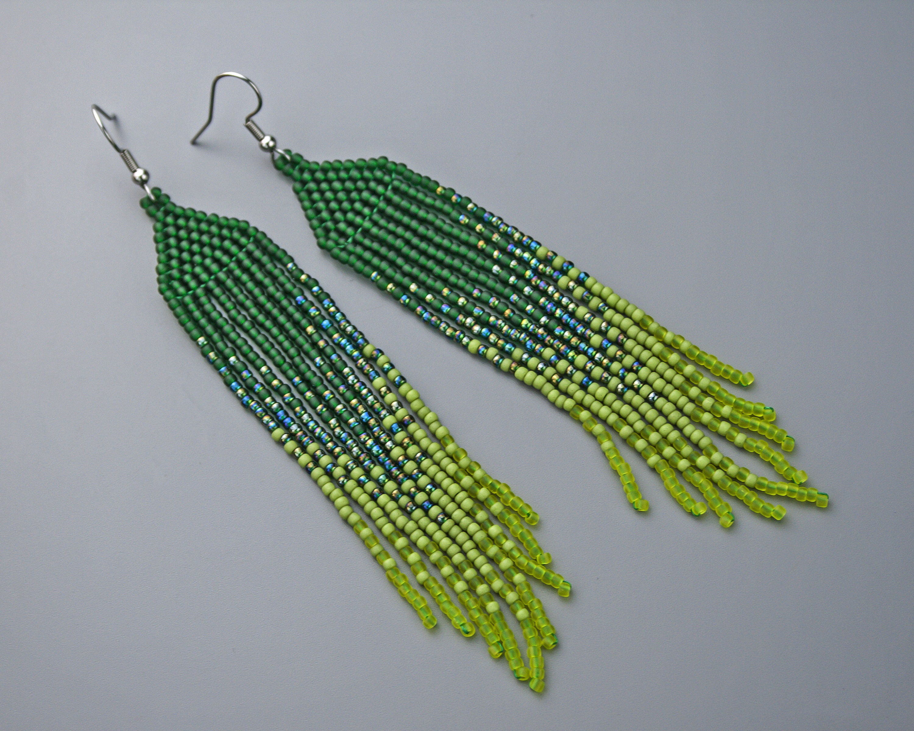 Green beaded earrings Fringe ombre bead earrings Long seed bead earrings 