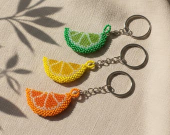 Beaded Fruit Keychain, Lemon Lime Orange Keyring, Handmade Bag Charm, Colorful Gift for Her