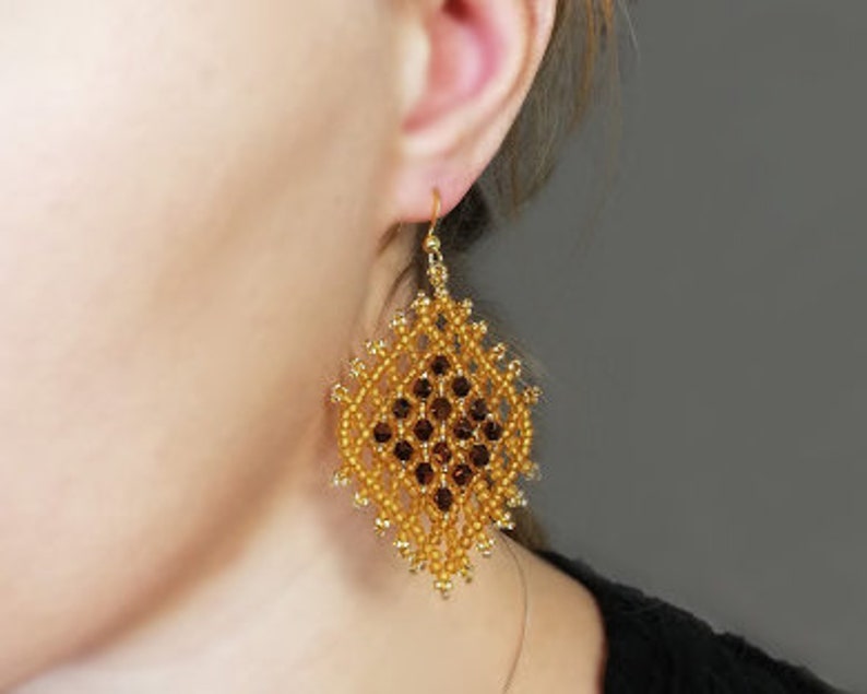 Blue crystal earrings Diamond shape earrings Seed bead earrings Rhombus earrings Geometric earrings Beaded dangle earrings Beadwork