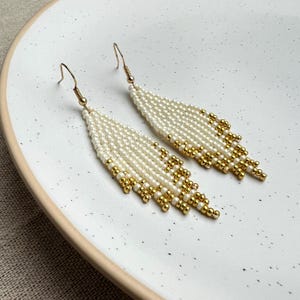 Beige Gold Seed Bead Fringe Earrings: Handmade Boho Dangle Jewelry