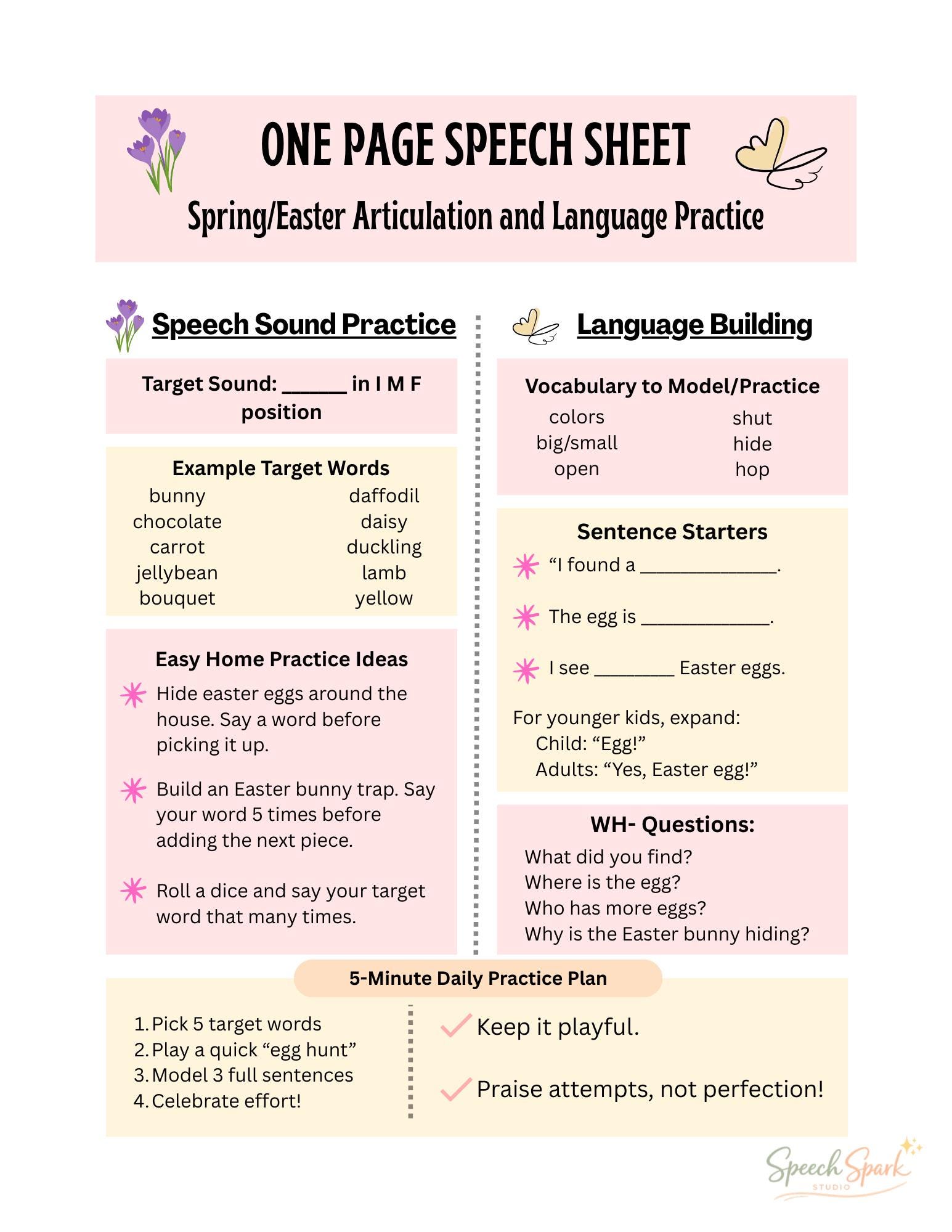 ONE PAGE Spring/easter Speech Therapy Carryover Sheet --- Articulation ...