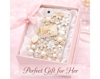 Luxury iPhone Case with Rhinestone Floral Design, Pearl Charm, Sparkly Crystal Cover