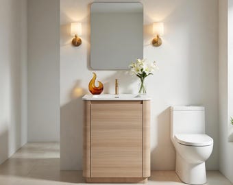 Modern White Oak Vanity with Sink, 24 Inch Small Freestanding Bathroom Cabinet