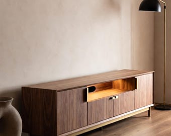 Walnut TV Stand with Charging Station, Modern Media Console Cabinet Storage Shelves