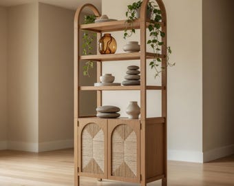 Arched Bookcase with Woven Seagrass Doors Tall Boho Bookshelf with Cabinet Coastal Storage Shelf for Living Room