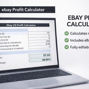 Puede incluir: Un ordenador portátil que muestra una "Calculadora de ganancias de eBay" con campos de entrada para el precio de venta, el coste de producción y los gastos de envío. La calculadora muestra una ganancia neta de $7,33 y un margen de beneficio del 48,83%.