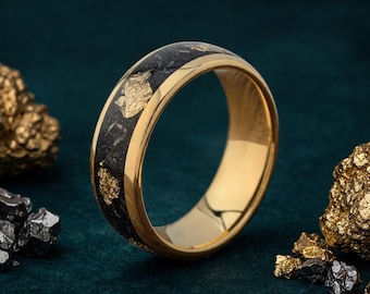 Gold Tungsten Ring 8mm, Meteorite and Gold Foil Inlay, Mens Wedding Band, Luxury Tungsten Ring for Men