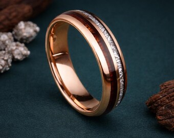 Rose Gold Tungsten Ring 6mm with Redwood and Silver Wire Inlay, Mens Wedding Band, Wood Tungsten Ring for Men, Slim Rustic Mens Ring Gift