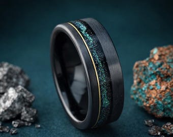 Black Tungsten Ring 8mm, Blue Green Glitter Inlay, Mens Wedding Band, Galaxy Ring for Men