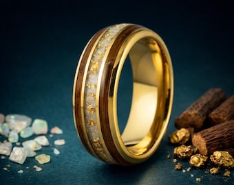 Whiskey Barrel Wood Tungsten Ring 8mm, Opal and Gold Foil Inlay Mens Wedding Band, 18K Gold Tungsten Ring, Rustic Mens Ring, Oak Wood Ring